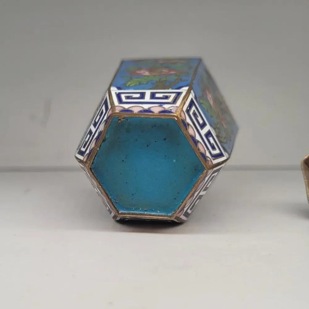 Vintage Chinese Cloisonné Blue Peony Butterfly Hexagonal Lidded Ginger Jar Decor